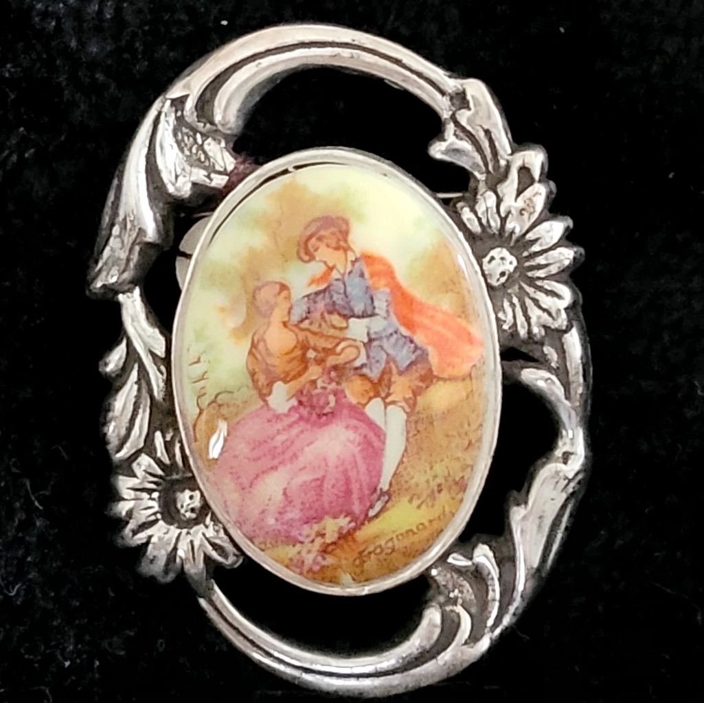 Sterling And Porcelain Brooch